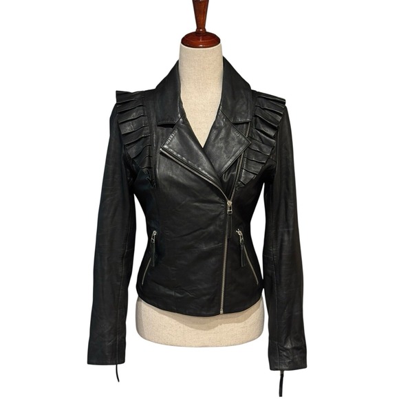 Just Female Rosa Lamb Leather Ruffle Jacket Black‎ Women's Size XS